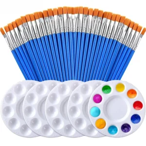 65Pcs Paint Brushes Tray Palettes Set,60pcs Flat Paint Brushes 5 PCS Round Paint Pallets